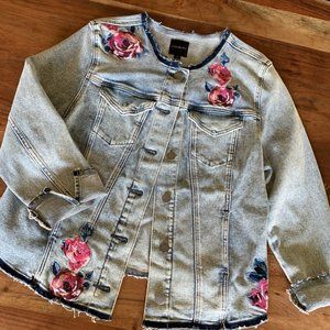 Lane Bryant Jean Jacket Rose Floral Embroidered Denim Button Up Raw Hem -Size 24